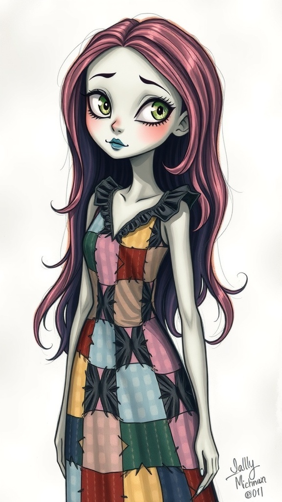 Realistic drawing of Sally from The Nightmare Before Christmas with detailed features and a colorful patchwork dress.